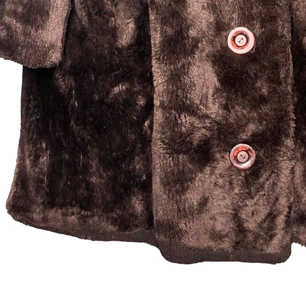 Vintage 60s Brown Faux Fur Swing Coat Button Front Collared Pockets Rockabilly - Picture 7 of 11